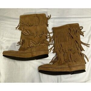 Minnetonka Boots Womens 9 Brown 3 Layer Fringe Western Boho Festival Moccasin